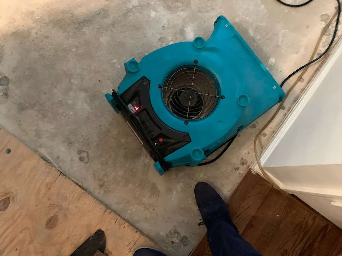 Air mover drying subfloor during Leak Detection & Repair in Smithtown